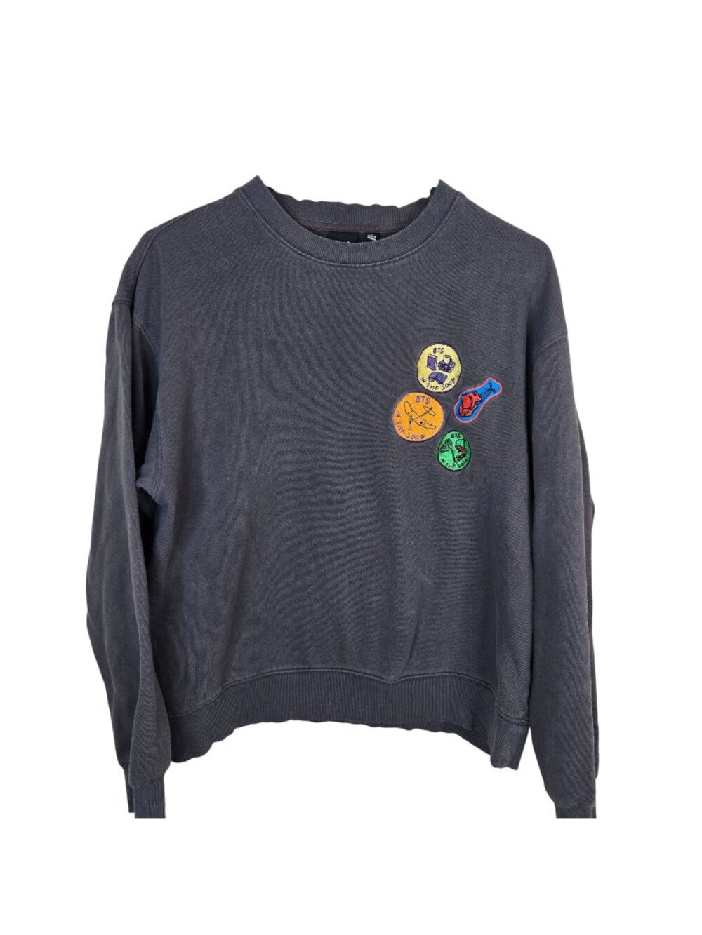 BTS In The Soop Crewneck Sweatshirt Embroidered Patches Gray Womens Size M